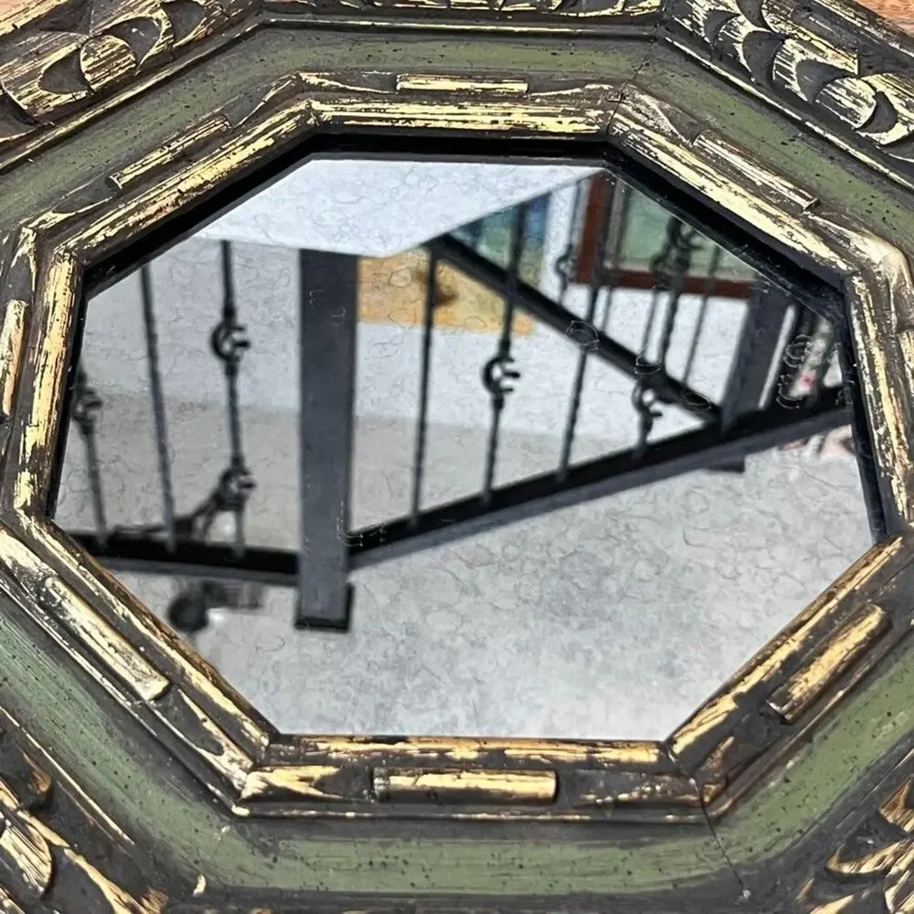 Vintage Octagon Green Wooden Framed Mirror Antiqued Distressed Finish